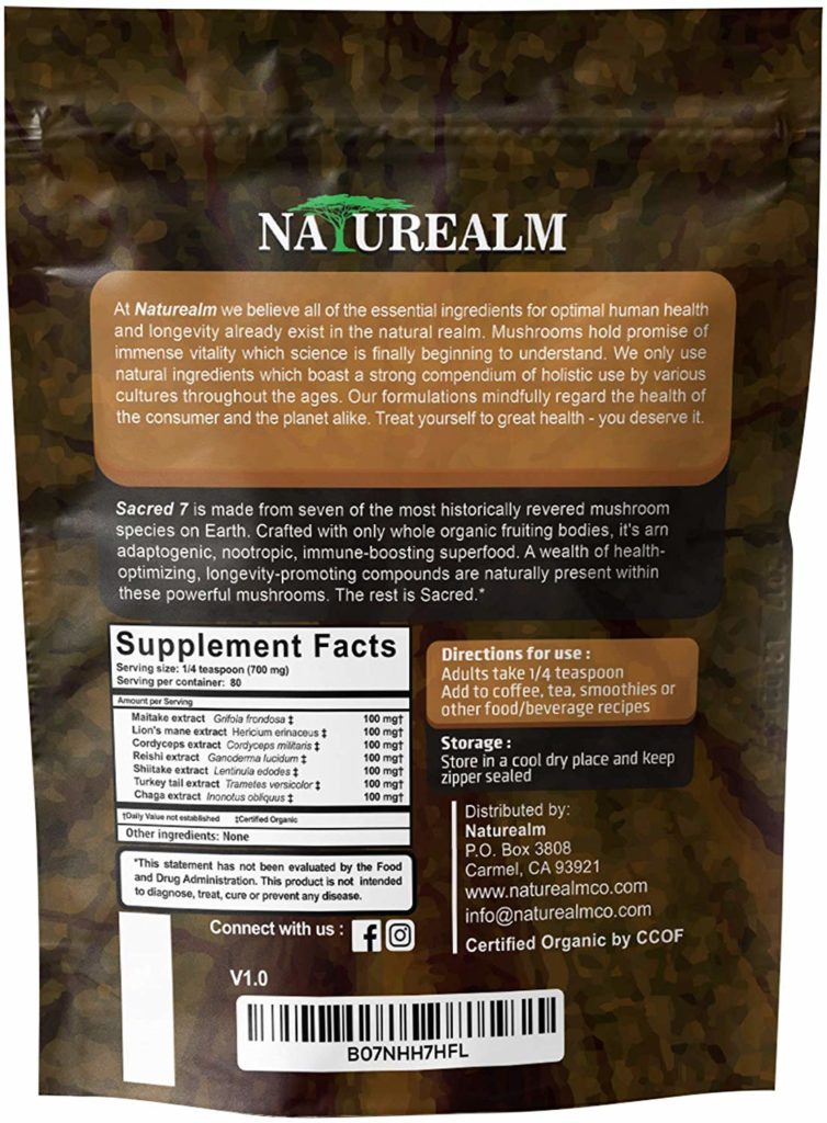 naturealm sacred 7 mushroom extract powder nutrition label